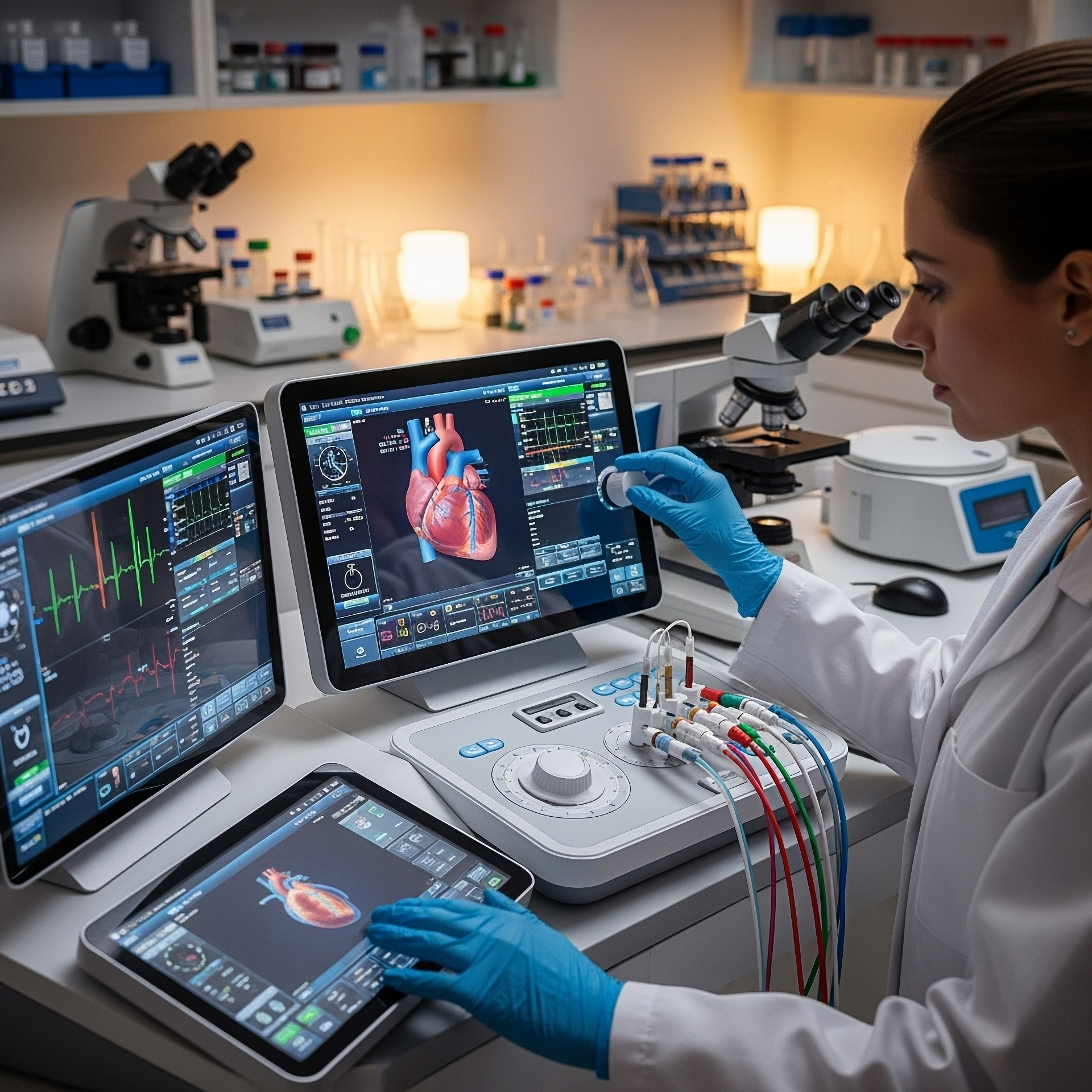 Biomedical engineer calibrating equipment